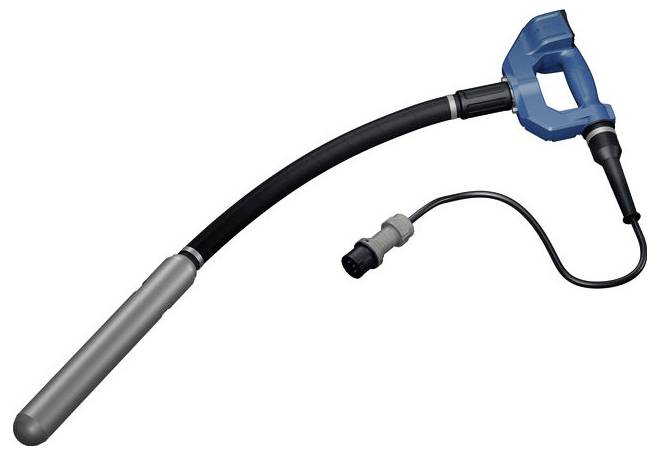 Blauw draagbaar elektrisch apparaat met een lange zwarte slang en grijze cilindrische spuitmond, afgebeeld op een witte achtergrond.