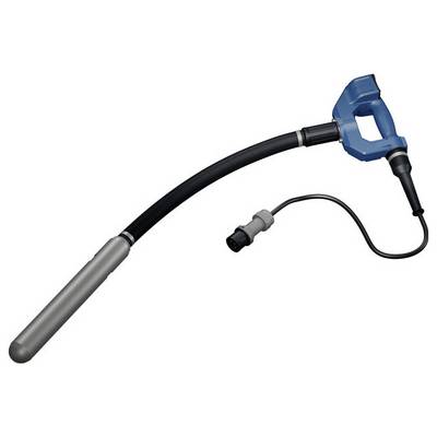 Blauw draagbaar elektrisch apparaat met een lange zwarte slang en grijze cilindrische spuitmond, afgebeeld op een witte achtergrond.