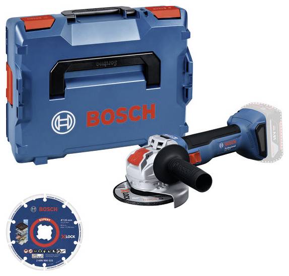 Bosch accusleuper met batterij, transporttas en snijschijf getoond op een witte achtergrond.