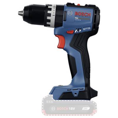 Bosch 18V draadloze boor-/schroefmachine met zwarte boorhouder en rode trekker, weergegeven in zijzicht op een witte achtergrond.