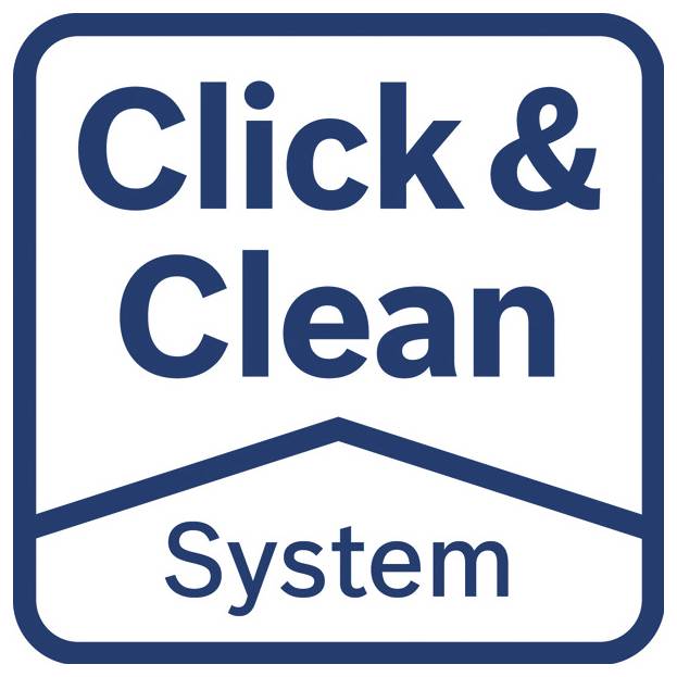 Blauw-wit logo met de tekst 'Click & Clean System' binnen een afgeronde rechthoekige rand met een dakachtige lijn die de woorden scheidt.