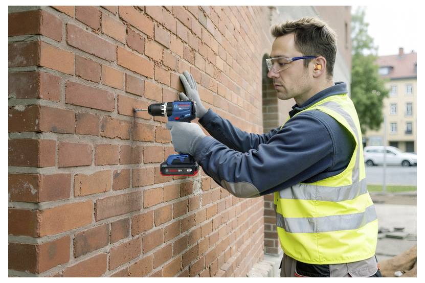 Een werknemer in een veiligheidsvest boort met een elektrische boor in een bakstenen muur en meet of installeert constructiebeslag buiten.