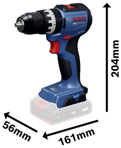 Bosch-accu-boor afgebeeld met aangeduide afmetingen: 204 mm hoog, 161 mm lang en 56 mm breed.