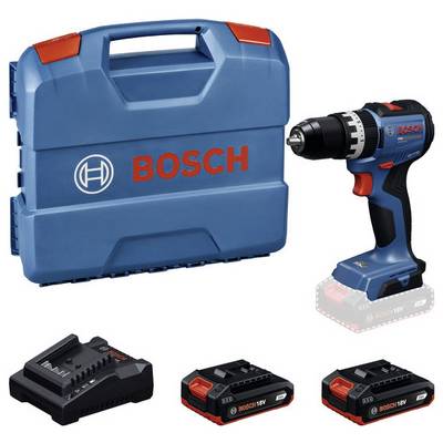 Bosch draadloze boorkit met blauwe transporttas, boor-/schroefmachine, lader en twee 18V-batterijen.