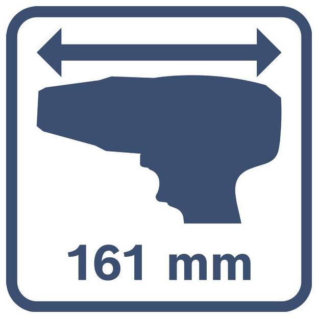 Pictogram van een boor met een pijl links-rechts erboven en '161 mm' eronder, wat de breedte of grootte van het gereedschap aangeeft.