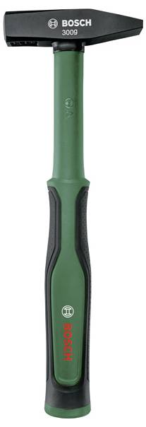 Bosch 300g klauwhamer met zwart stalen kop en groen-zwart geribbeld rubber handvat, getoond op een witte achtergrond.