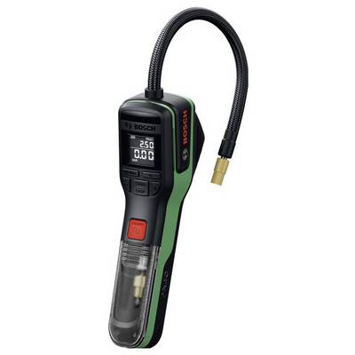 Bosch handheld digitale bandenpomp met flexibele slang, drukmeter en rode aan/uit-knop.