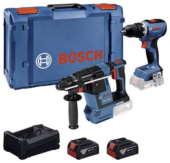 Bosch accugereedschapset met hardcase, boor, rotatiehamers, lader en twee 18V batterijen op witte achtergrond.