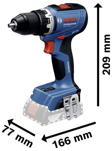 Bosch Professional accu-boormachine/-schroefmachine weergegeven met aangegeven afmetingen van 209 mm hoog, 166 mm lang en 77 mm breed.