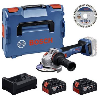 Bosch draadloze haakslijper set met transportkoffer, slijpschijf, lader en twee 18V accu's weergegeven op een witte achtergrond.