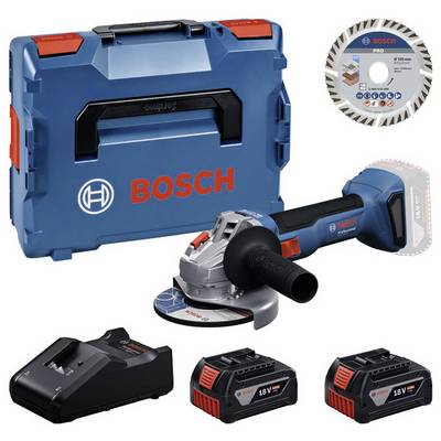 Bosch draadloze haakse slijper kit met hardcase, snijschijf, lader en twee 18V batterijen.