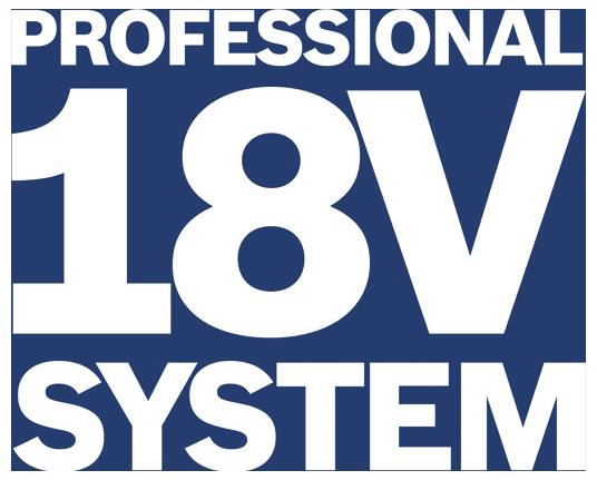 Blauw-wit productlabel met de tekst 'PROFESSIONEEL 18V SYSTEEM' in grote vette letters.