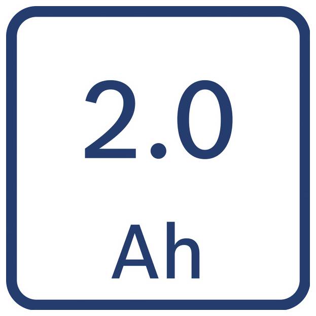 Batterijcapaciteitpictogram toont '2,0 Ah' binnen een afgeronde vierkante rand.