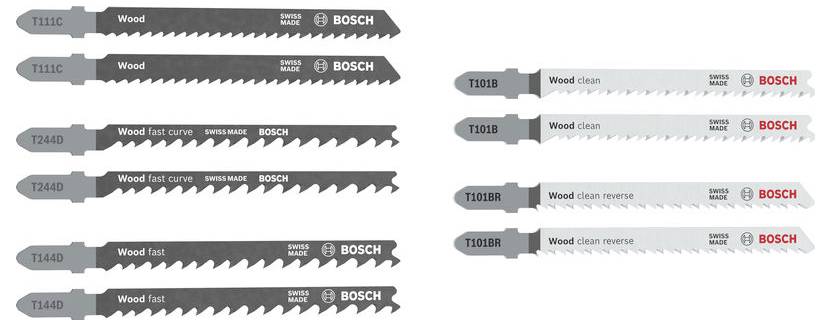 Vergelijkingstabel van Bosch reciprocerende zaagbladen: T111C hout, T244D hout snelle curve, T144D hout snel, T101B hout schoon, en T101BR hout schoon omgekeerd.