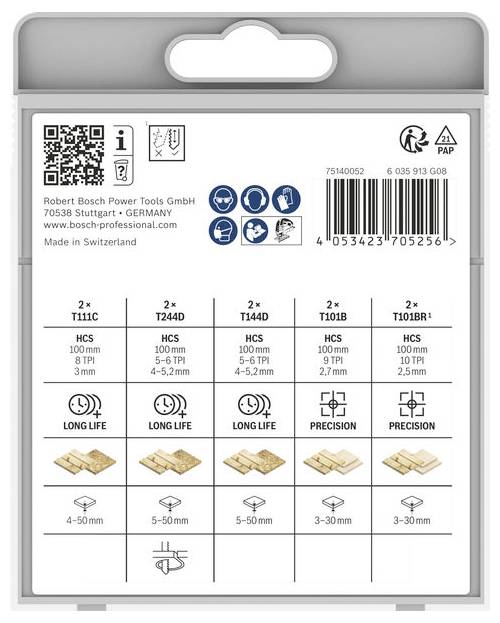 Bosch zaagbladenpakket etiket met QR-code en productdetails voor vijf bladen, met weergave van bladtypen, maten, tandenaantallen en gebruik voor houtsnijden.