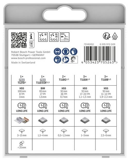 Bosch Expert/Bosch Pro productveterpakking met logo, QR-code, streepjescodes en pictogrammen die maximaal 13.300 omw/min aangeven en inbegrepen verpakkingselementen.