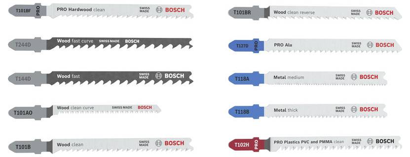 Productgrafiek met Bosch figuurzaagblad-types voor hout, metaal en kunststof, met modelnummers en zaagoepassingen per rij vermeld.