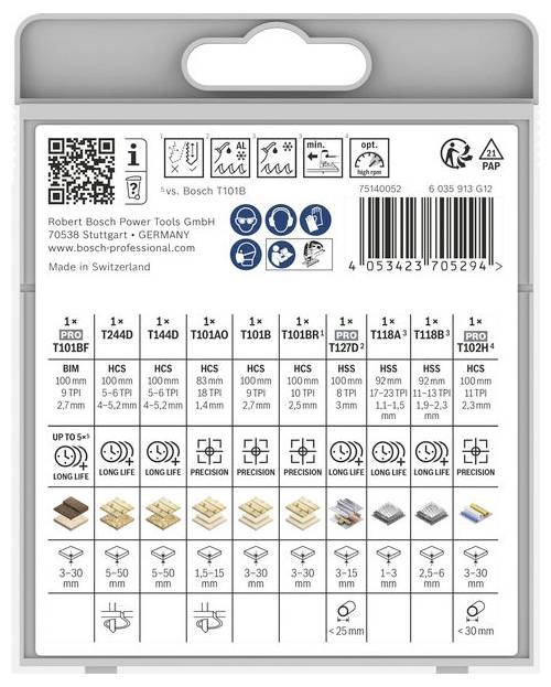 Pakketlabel voor een Bosch oscillerende multi-tool bladenset, met productcodes, QR-code, veiligheidspictogrammen en compatibiliteitsgrafiek voor verschillende bladtypen en materialen.