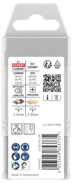 Voorkant van een Bosch Expert T101BR figuurzaagblad-verpakking, met specificaties, materiaaliconen, een QR-code en 'Made in Switzerland'.