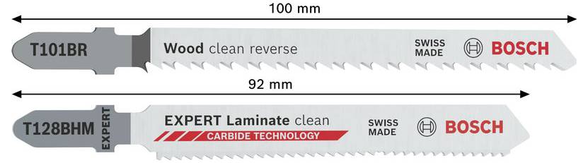 Naast elkaar Bosch figuurzaagbladen: T101BR voor hout schoon omgekeerd, 100 mm/92 mm, en T128BHM Expert Laminaat hardmetaaltechnologie, 92 mm, Zwitsers gemaakt.
