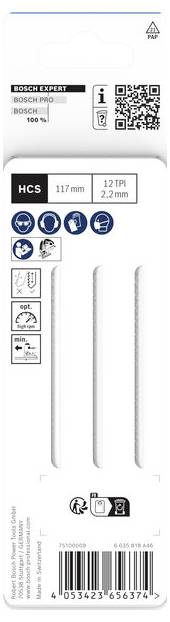 Bosch Expert HCS PRO oscillerende zaagblad, 117 mm, 12 TPI, 2,2 mm, met QR-code en verpakkingsetiketten die hout- en metaalgebruik aangeven.