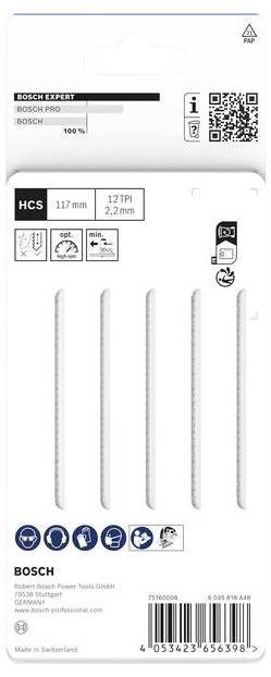 Bosch Expert HCS zaagbladpakket met label 'BOSCH PRO' voor hout, 117 mm, 12 TPI, met product QR-code en gereedschapspictogrammen.