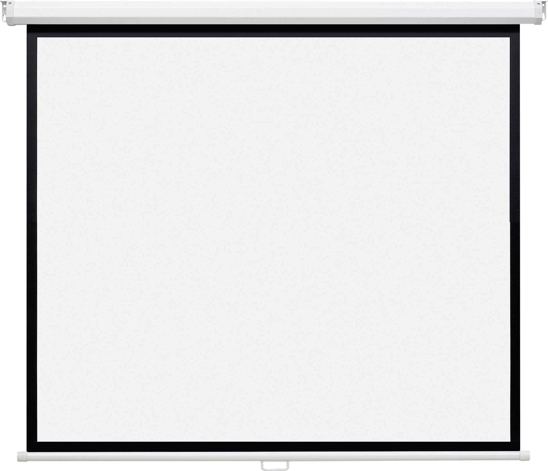 Blanco projectiescherm met een wit oppervlak en zwart frame, neergelaten en klaar voor presentatie.