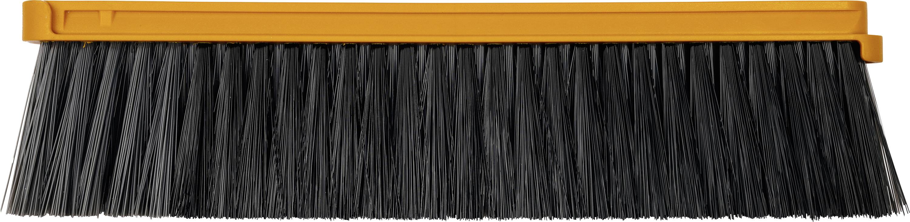 Zwarte duwbezem kop met oranje kunststof montage en lange donkere haren, weergegeven op een witte achtergrond.