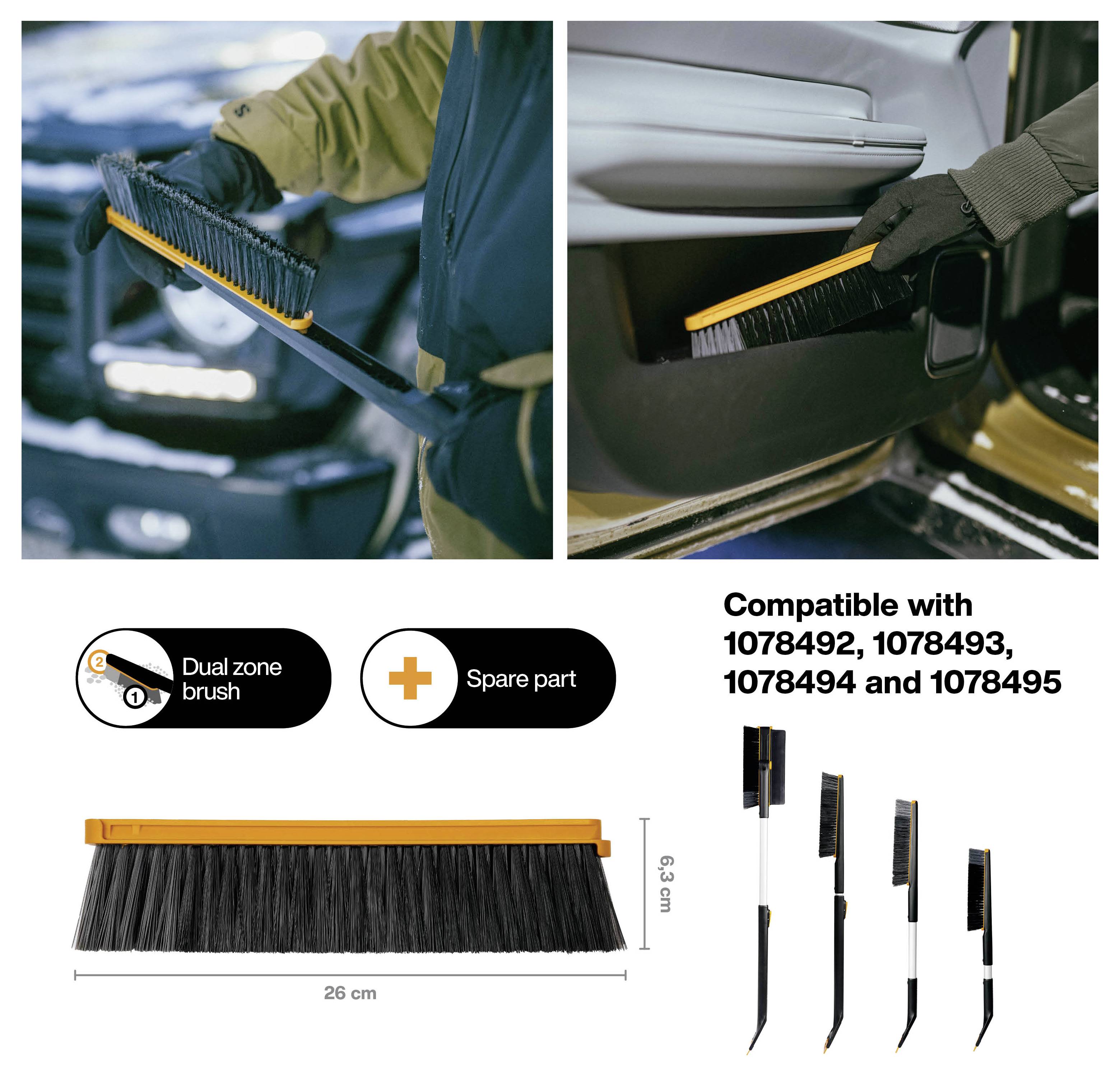 Productafbeelding van een dubbele-zone borstel voor het reinigen van het interieur en exterieur van auto's, met compatibiliteit met vervangingsonderdelen 1078492, 1078493, 1078494 en 1078495, plus afmetingen van de borstel.