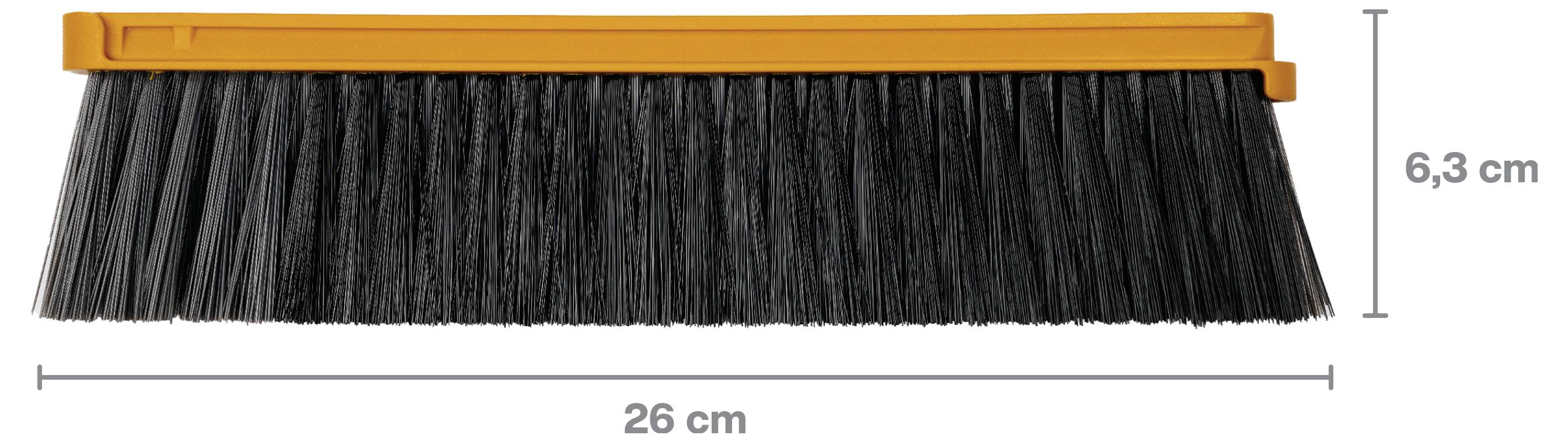 Zwart bezem hoofd met oranje montagestrip, getoond met afmetingen: 26 cm breed en 6,3 cm hoog.