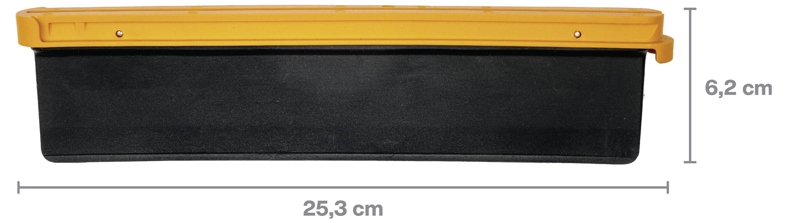 Zwarte rechthoekige container met oranje deksel, gelabeld 25,3 cm breed en 6,2 cm hoog.
