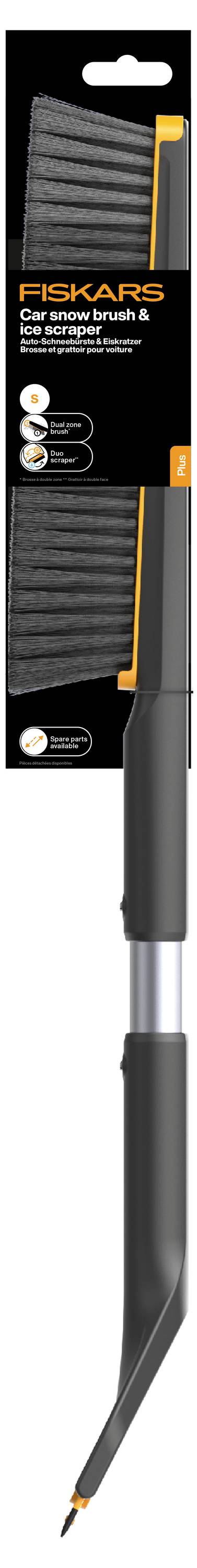Verpakking voor FISKARS Carbon serie kwastpen met oranje tip en zwart handvat, weergegeven op de doos in een verticale productfoto.