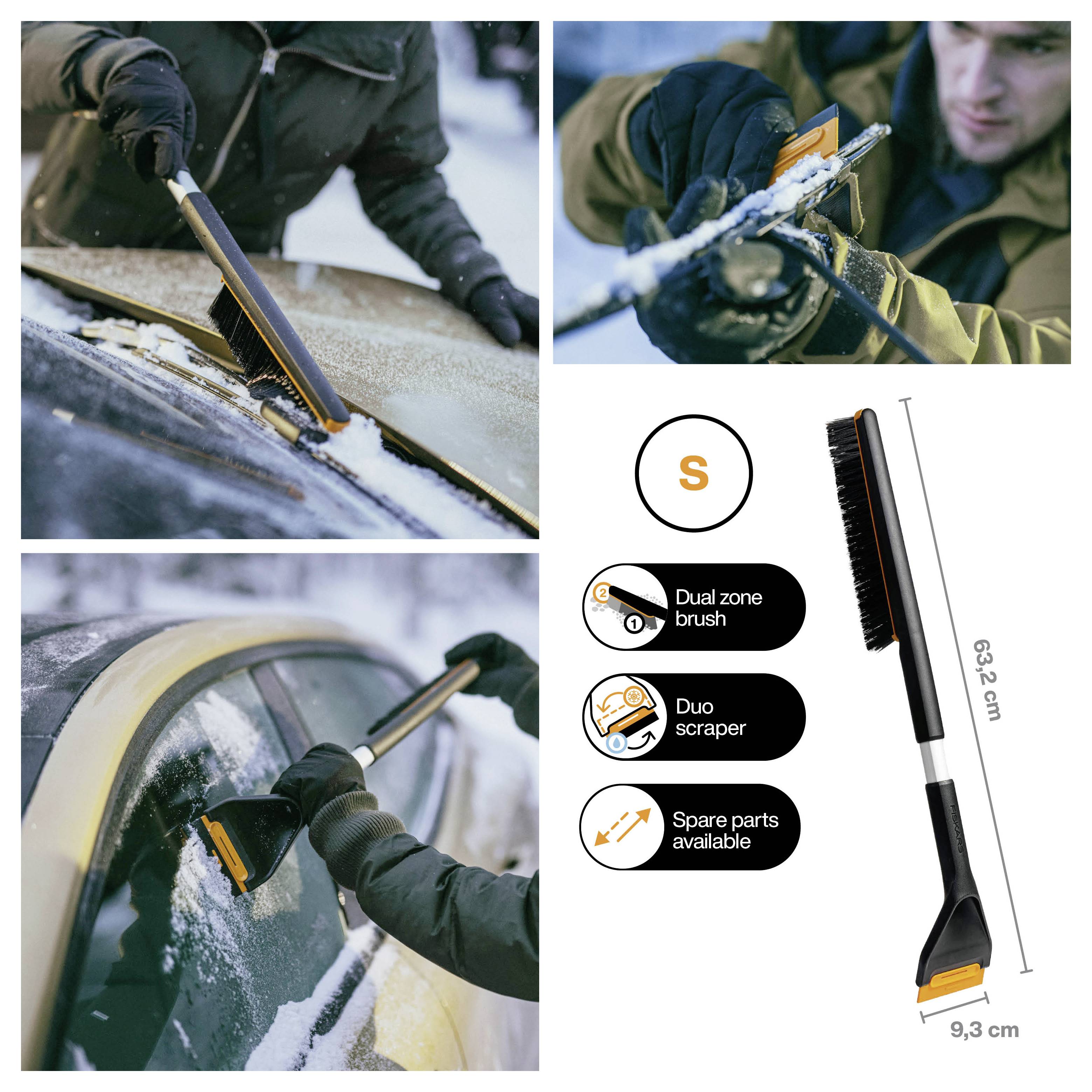 Collage met een sneeuwborstel en ijskrabber die een autoruit en zijraam schoonmaken, met productdiagram met labels voor dual-zone borstel, duo krabber, beschikbare vervangingsonderdelen en afmetingen 63,2 cm bij 9,3 cm.