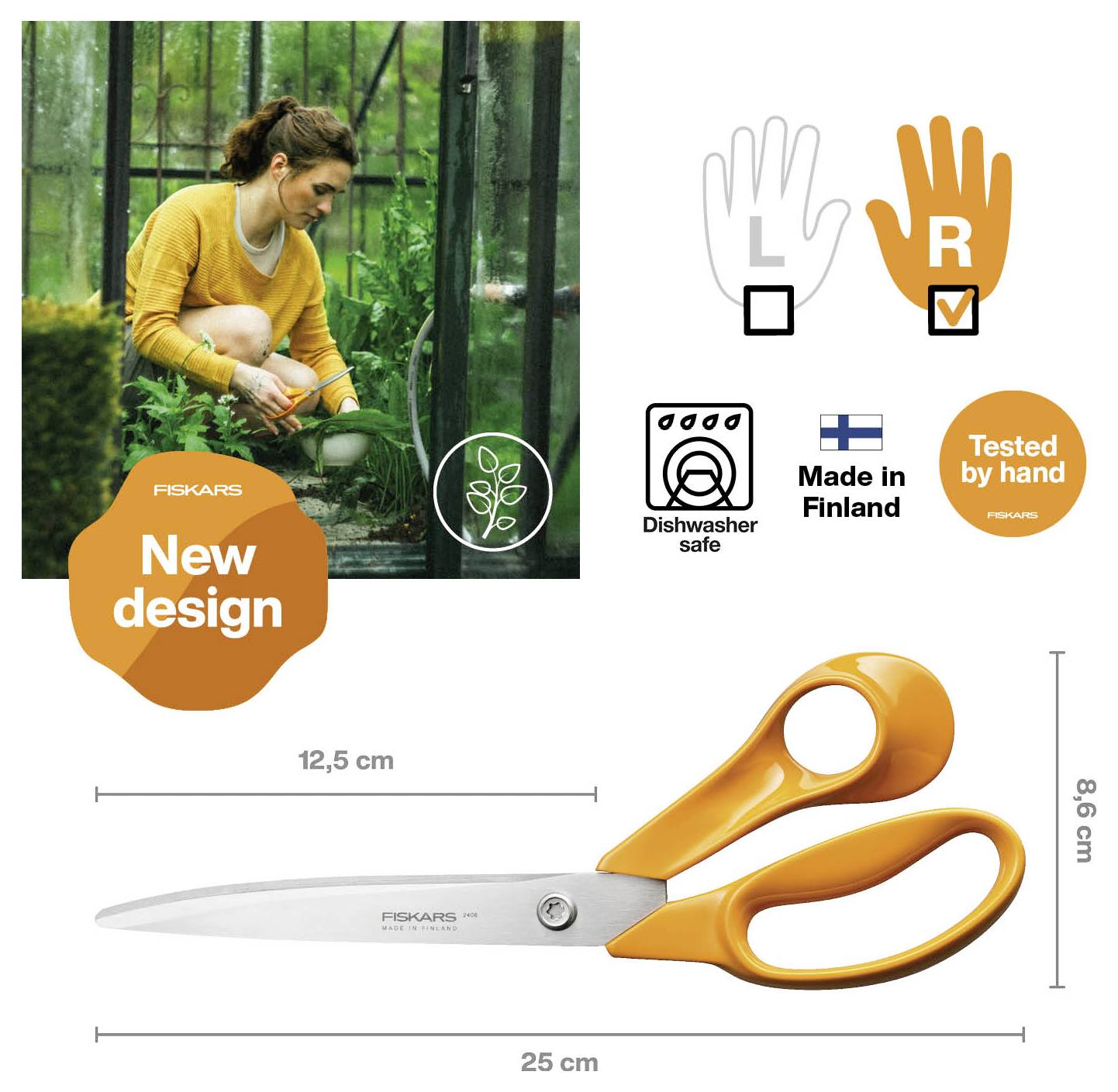 Productafbeelding van oranje Fiskars-scharen, 'Nieuw ontwerp,' met rechtshandig grip, vaatwasserbepast, gemaakt in Finland, en 25 cm lengte.