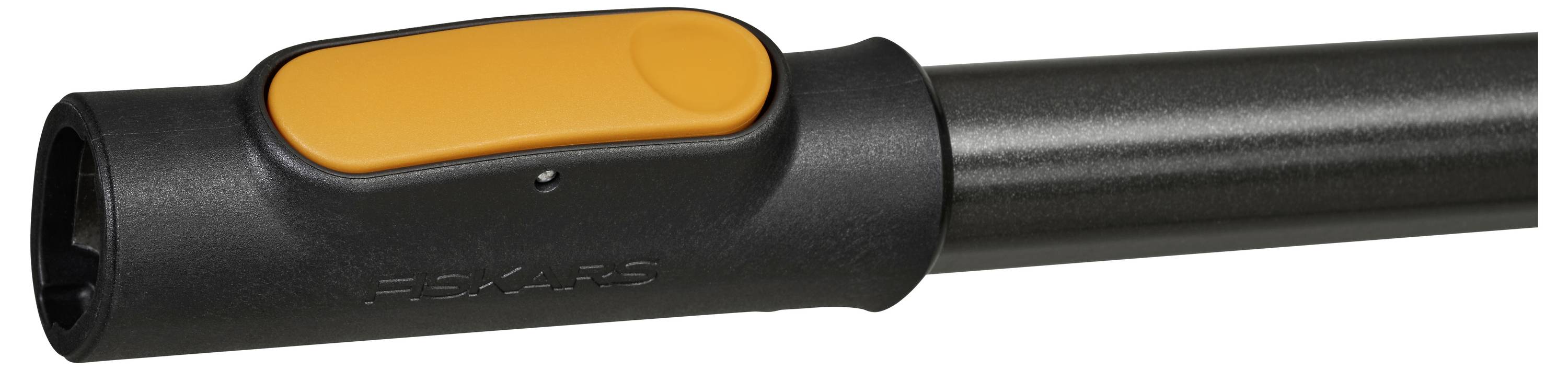 Close-up van een zwart en oranje handvat van een handheld gereedschap met een cilindrische schacht die naar rechts uitsteekt.