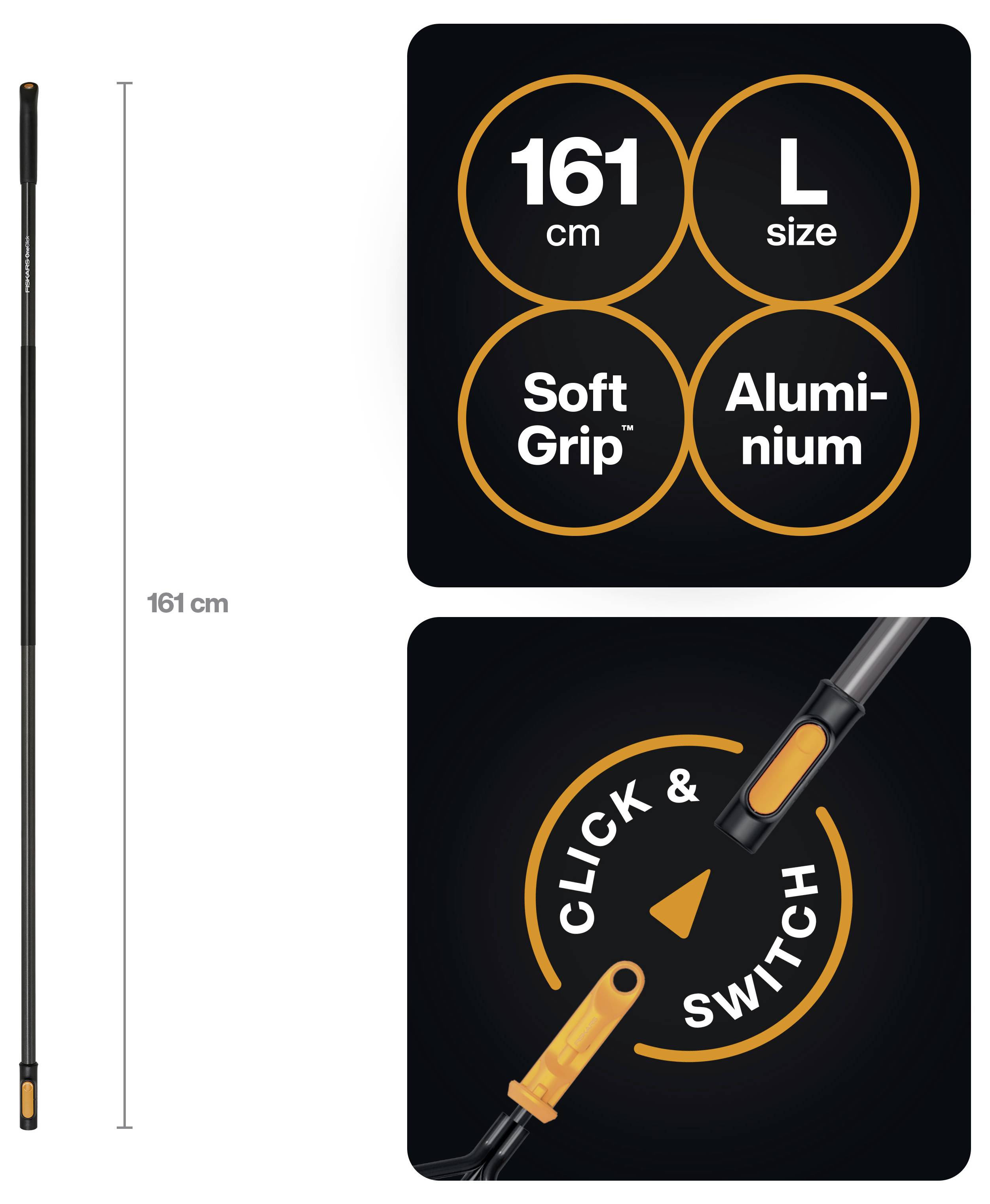 Paraplugrafieken voor een 161 cm lange large-size aluminium paraplu met zachte greep en een klik-en-schakel-openingsmechanisme.