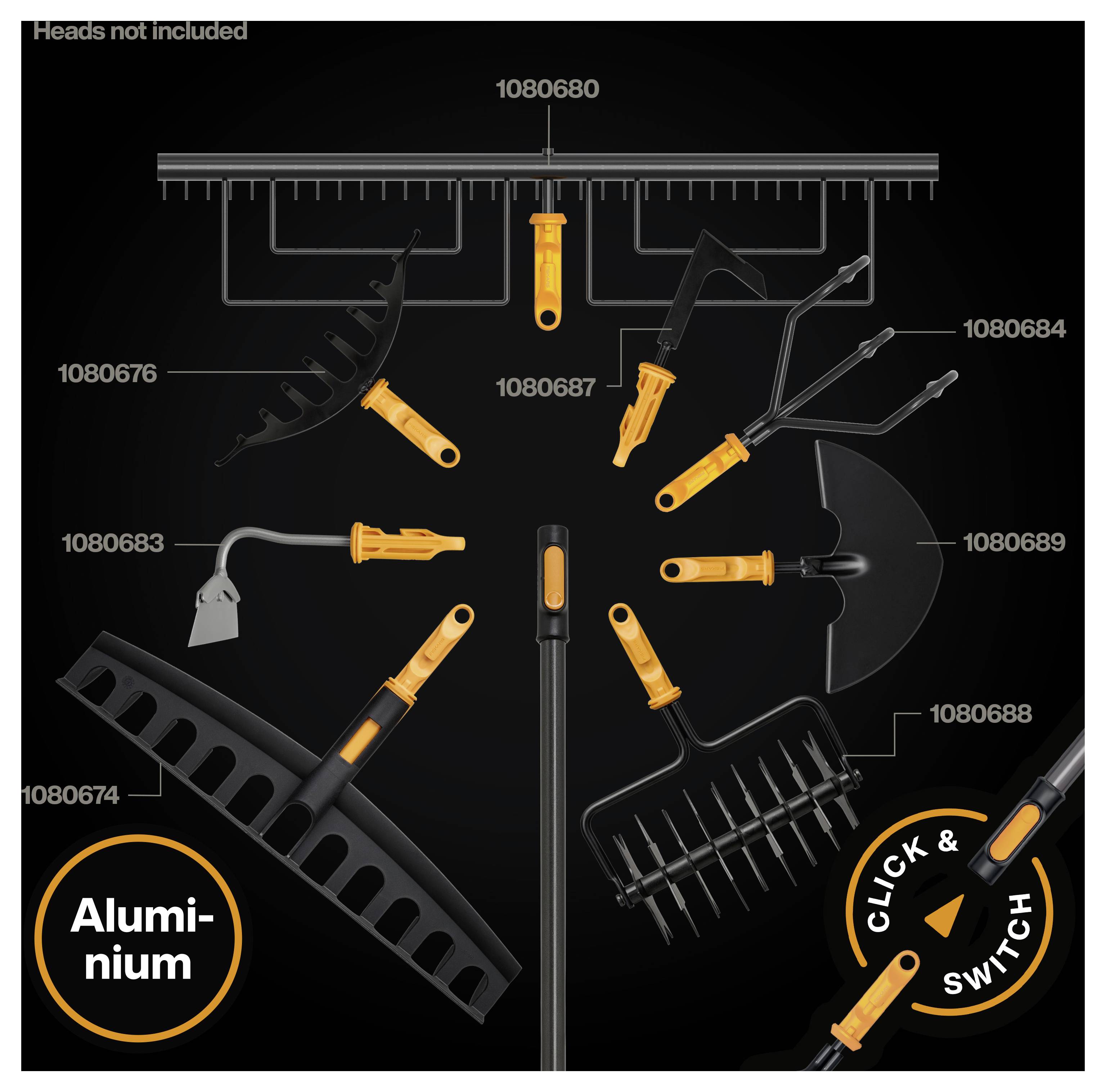 Diagram van verwisselbare aluminium gereedschapkoppen en bevestigingen gerangschikt rond een handvat, geëtiketteerd met 'Aluminium' en 'Click & Switch'.
