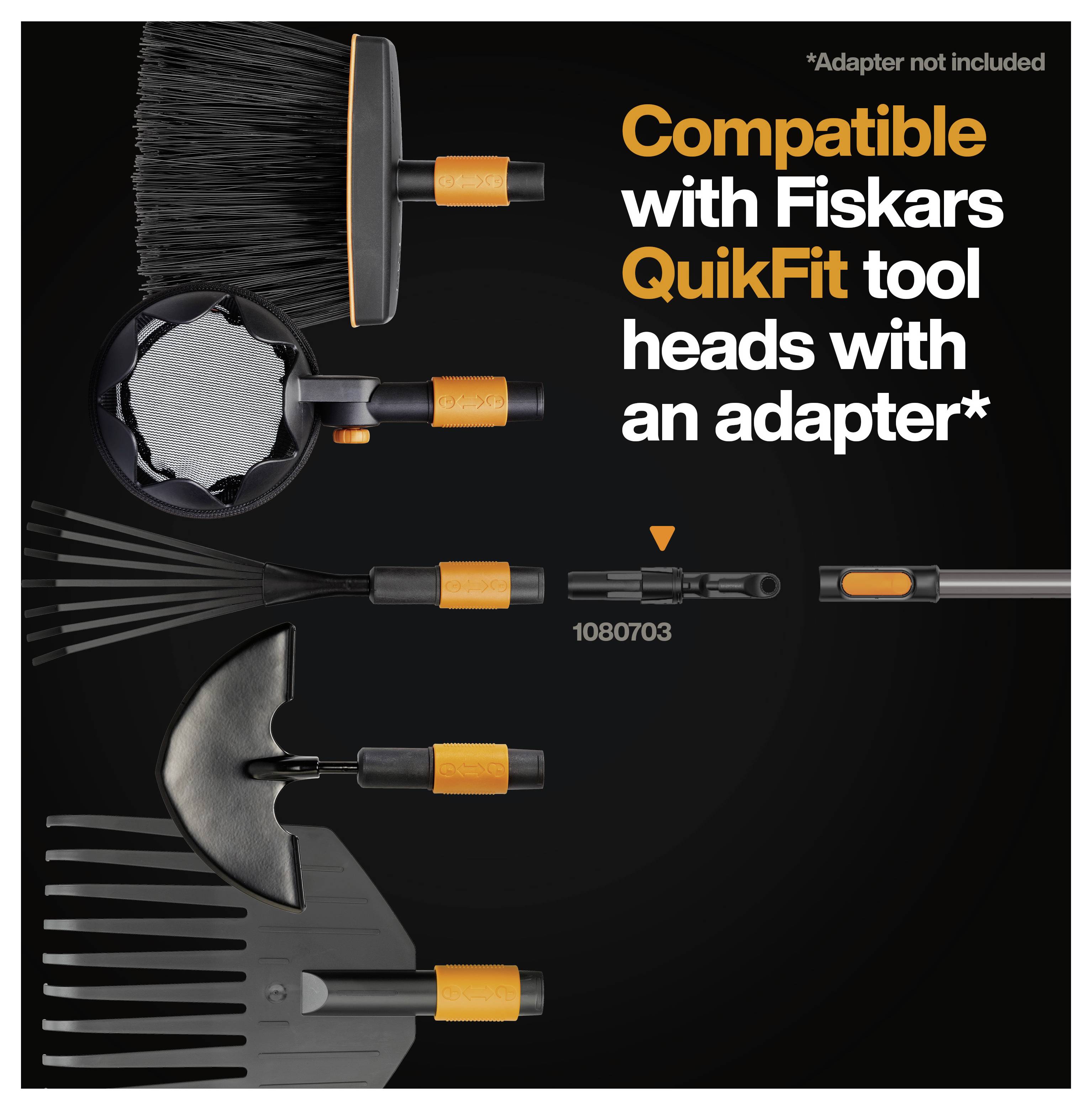 Promotiegrafx met meerdere Fiskars QuikFit toolkoppen en een adapter, met tekst: 'Compatibel met Fiskars QuikFit toolkoppen met een adapter*'