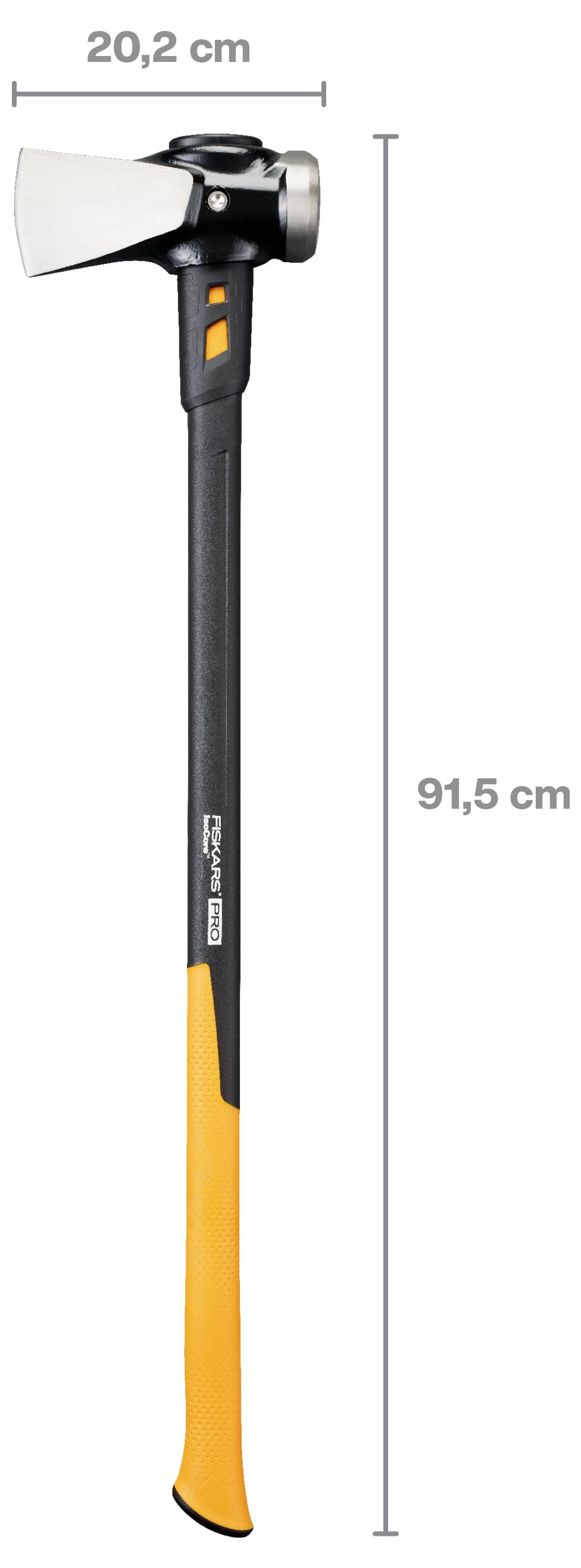 Een zwart en oranje bijl weergegeven rechtopstaand met gelabelde afmetingen: 20,2 cm breed bij de kop en 91,5 cm lang.