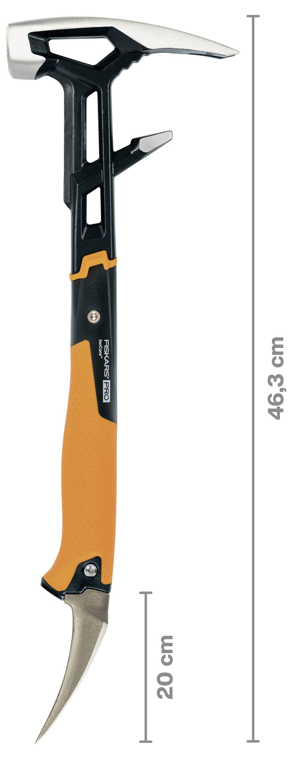 Een handzaag met een oranje-zwart handvat en gebogen blad, getoond met maatmarkeringen die een totale lengte van 46,3 cm en een bladlengte van 20 cm aangeven.