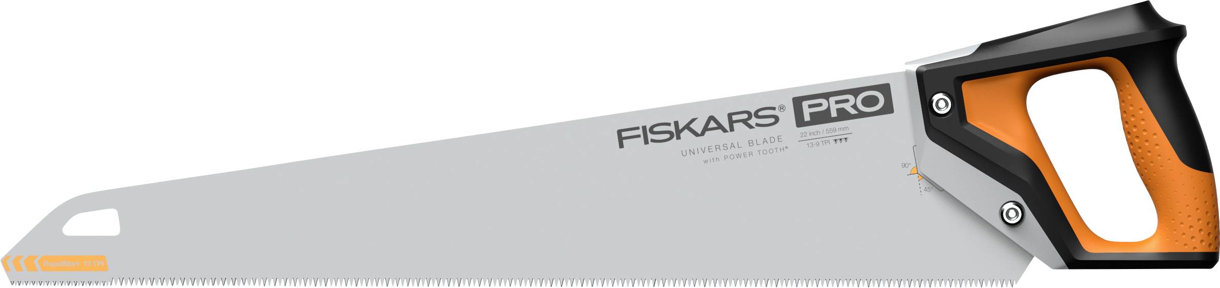 Handzaag met een zilverkleurig Fiskars Pro-blad en oranje-zwart handvat op een witte achtergrond.