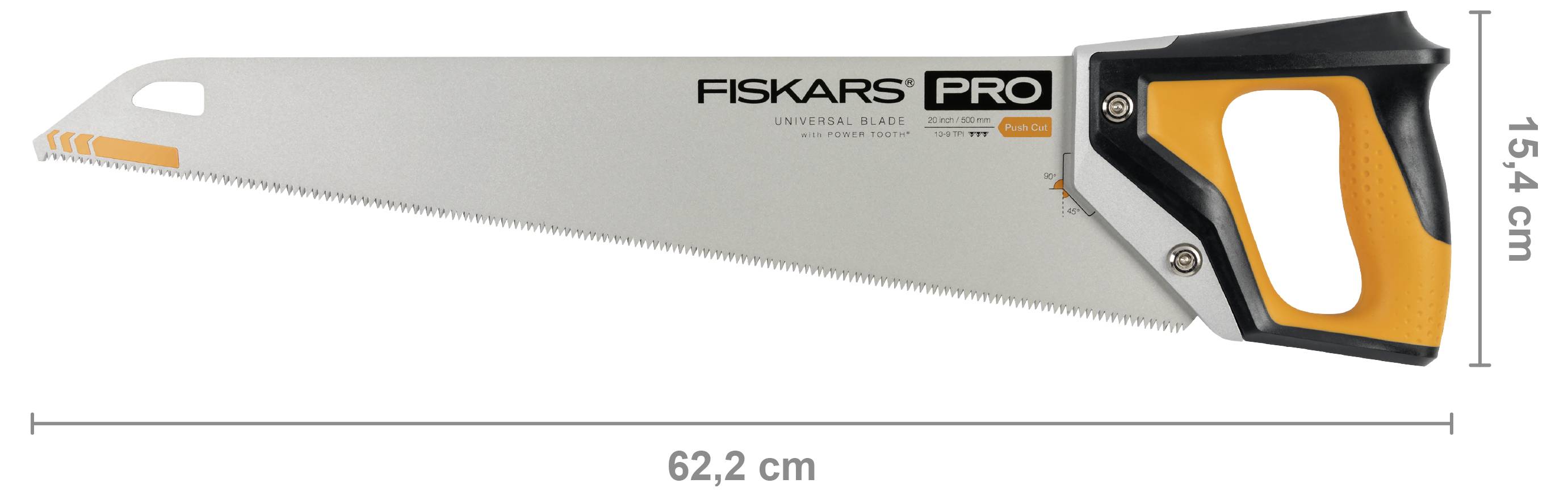 Fiskars Pro handzaag weergegeven in profiel, met afmetingen aangegeven van 62,2 cm lang en 15,4 cm hoog.