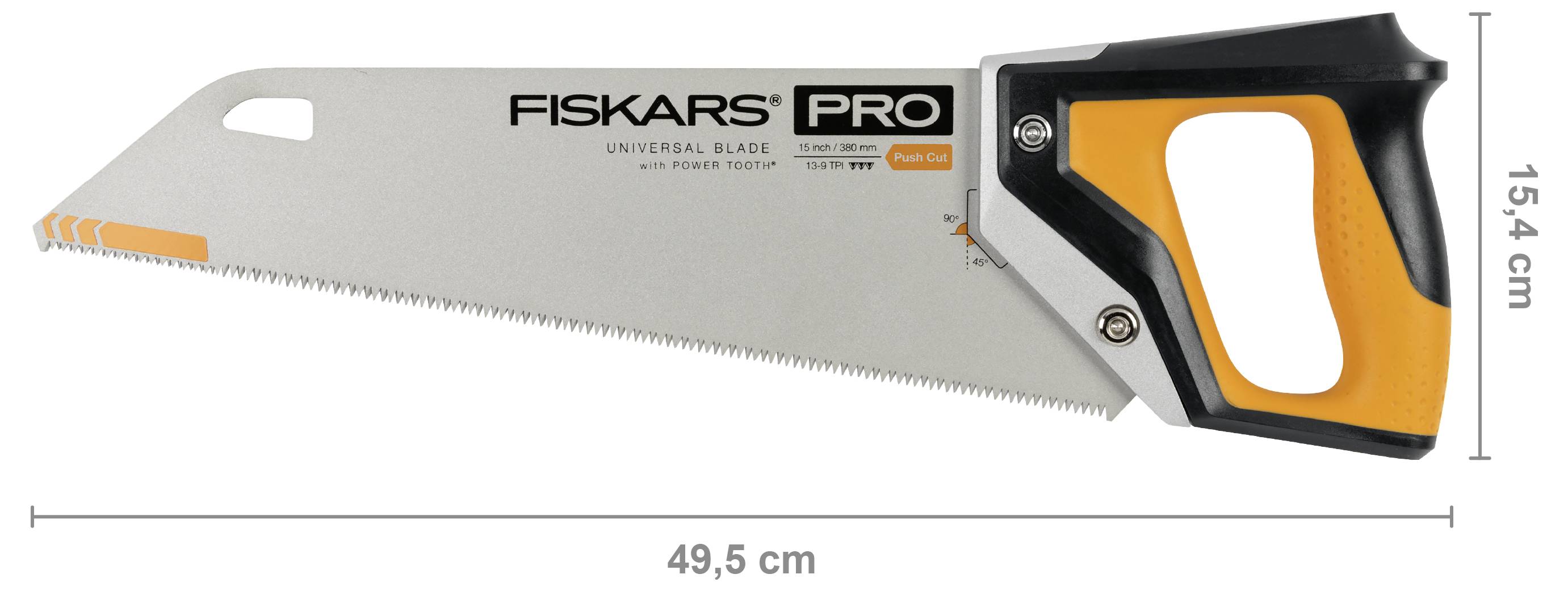 Fiskars Pro universeel mes handzaag, weergegeven in zijweergave, met een gelabelde lengte van 49,5 cm en een hoogte van 15,4 cm.