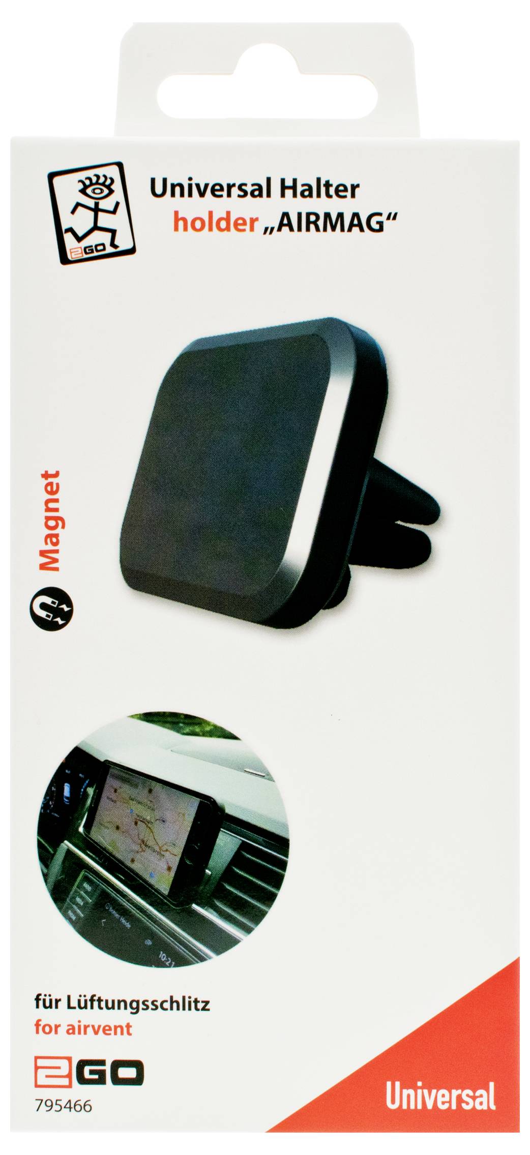 Verpakking voor een universele magnetische telefoonhouder voor autoventilatie, 'AIRMAG', met een zwarte houder voor autoventilatieopeningen en ingebouwde navigatiegebruik.