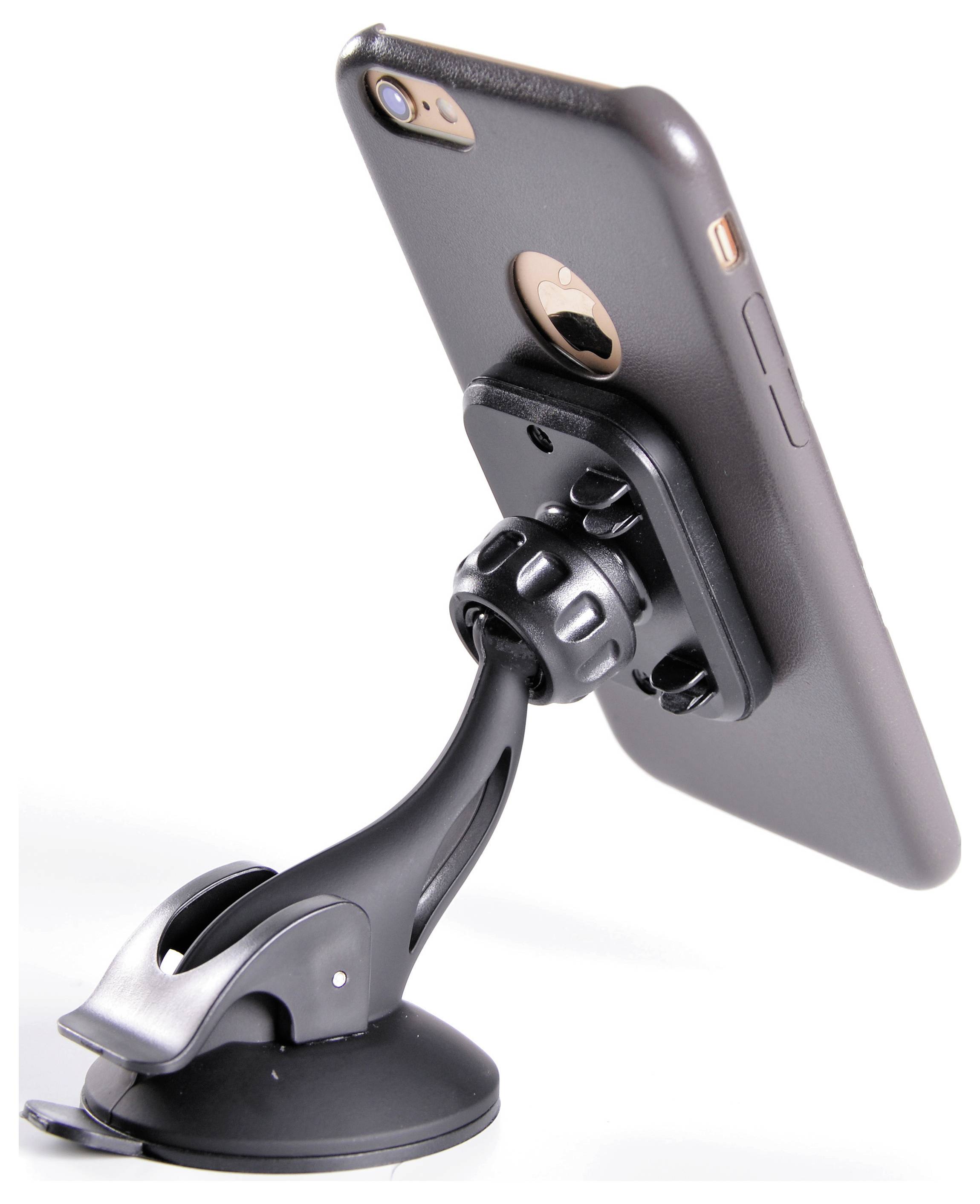 Smartphone gemonteerd in een flexibele zuignap-autoholder op een witte achtergrond.
