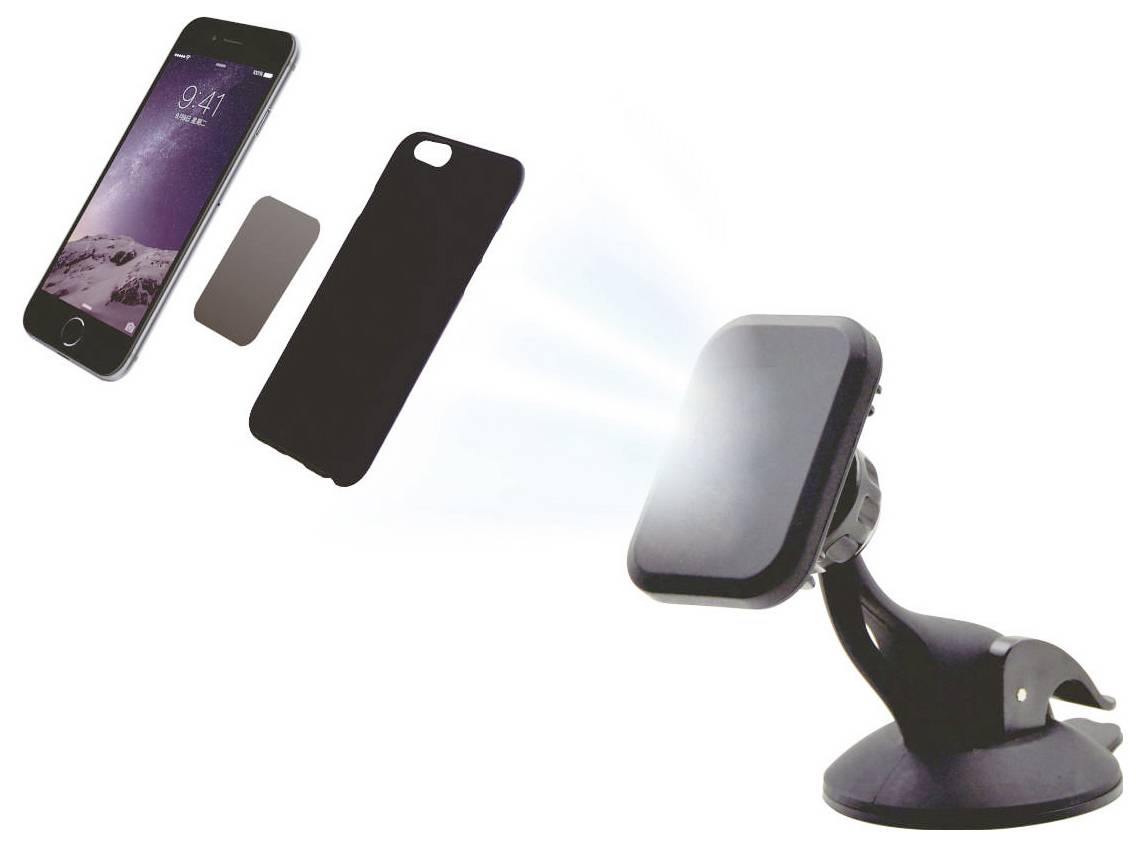 Smartphonebevestigingsaccessoire met telefoonhoesonderdelen weergegeven naast een zuignap-autosteuner die signaalgolven uitzendt.