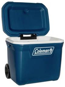 Blauwe Coleman wieltjeskoelbox met het deksel open, met zicht op het geïsoleerde interieur.