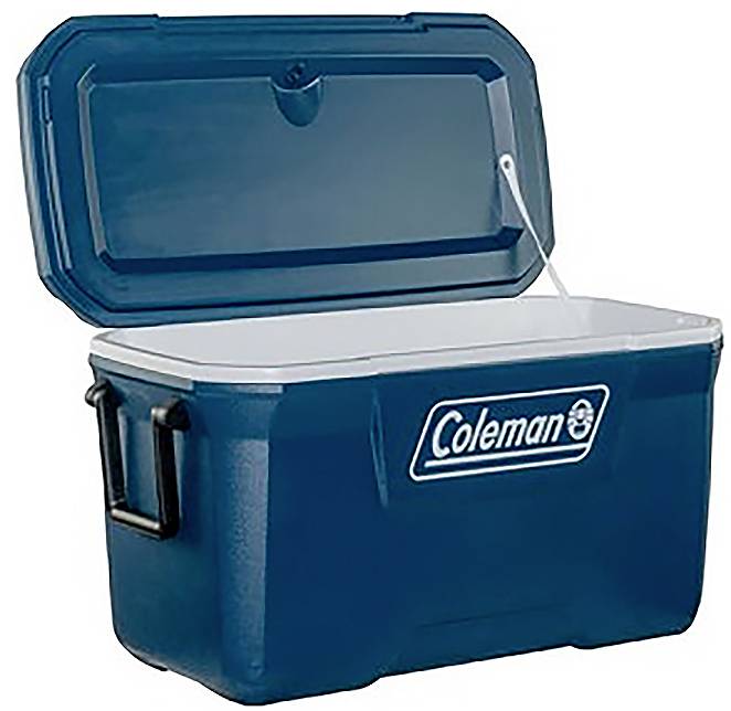 Blauwe Coleman hard-sided koelbox met open deksel en wit binnenhandle.