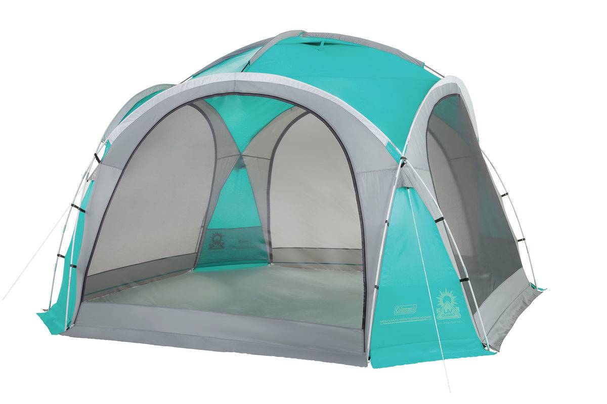 Een teal- en grijs campingtent met een grote voorkant opening en gaasachtige zijpanelen, weergegeven op een witte achtergrond.
