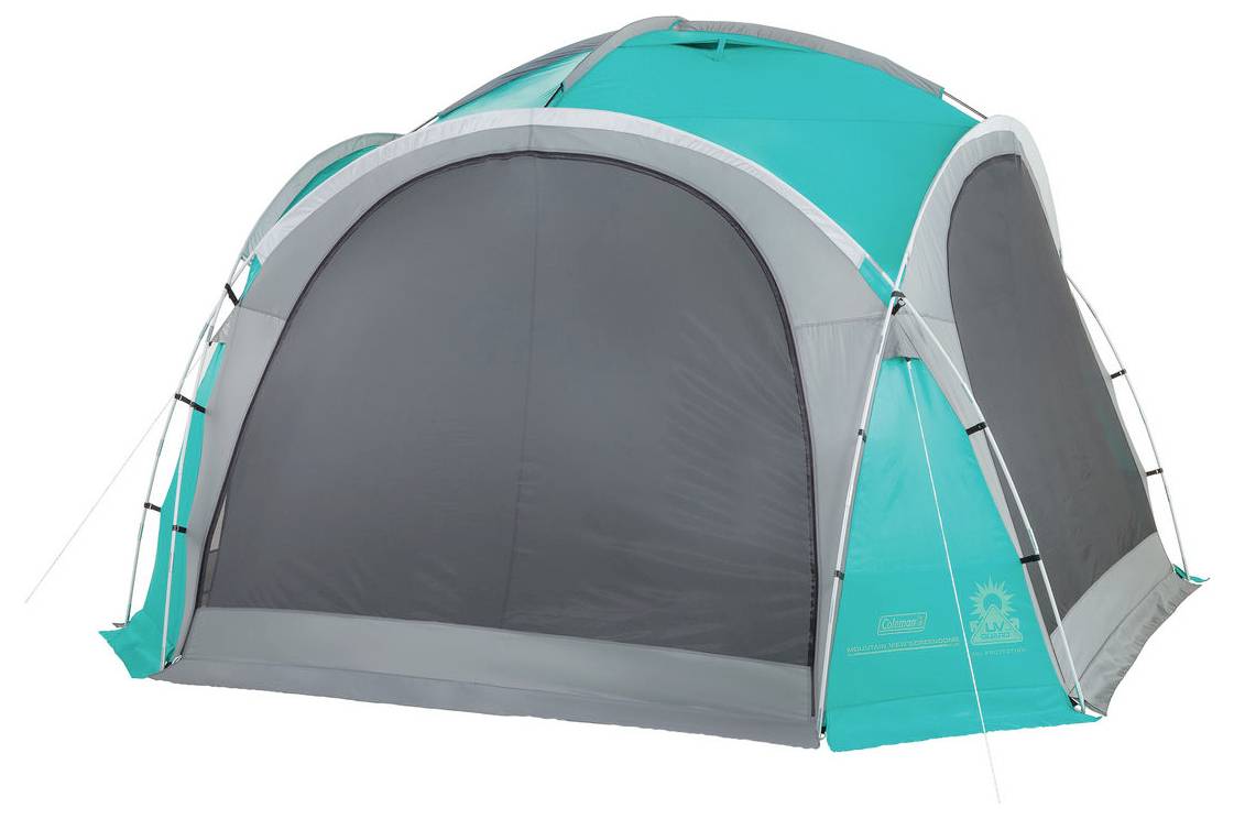 Teal- en grijze koepel-campingtent met grote voordeur en zijramen, afgebeeld op een witte achtergrond.